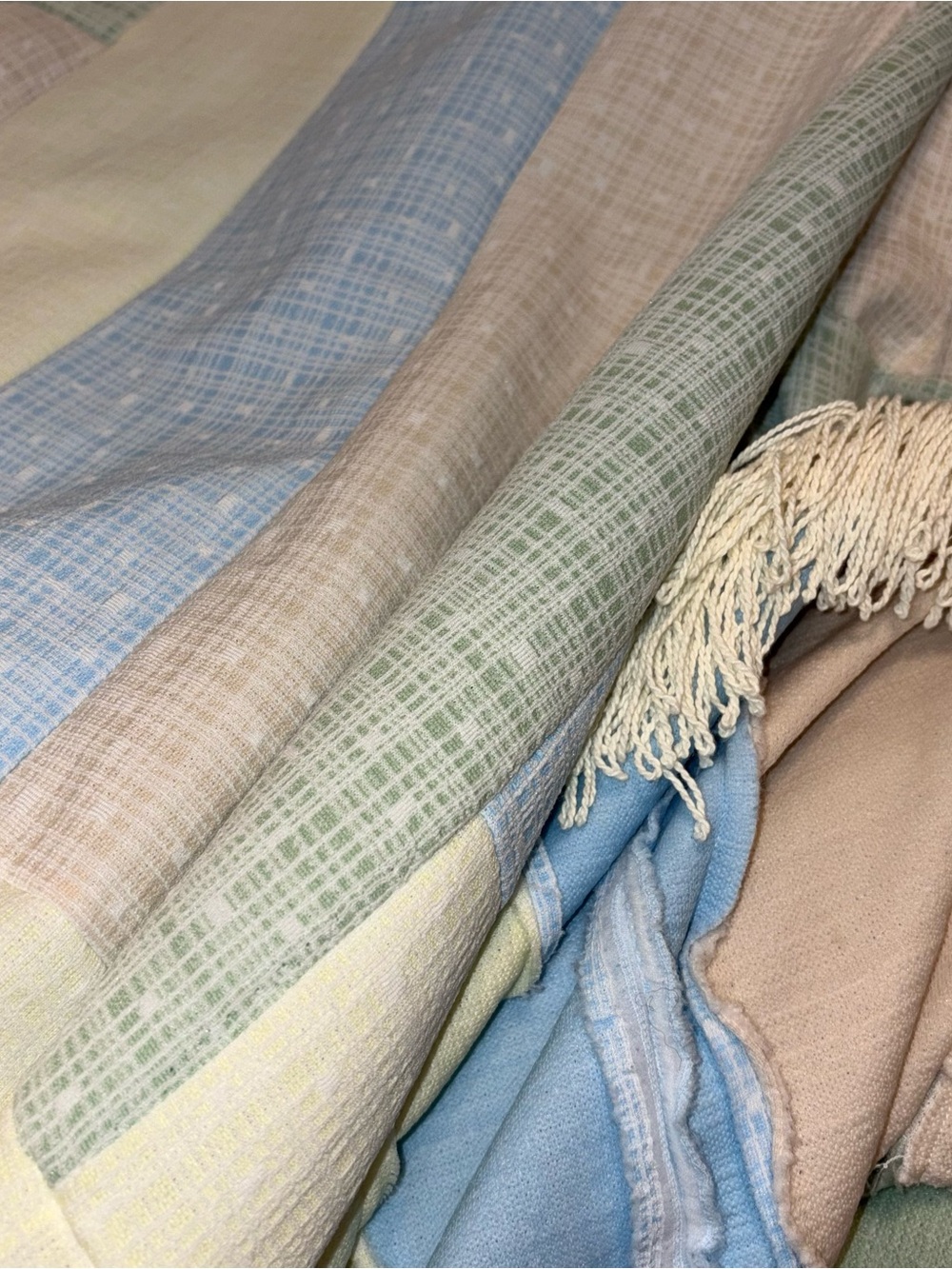 Pastel Patchwork Crochet-Trim Bedspread - White, Blue, Pink, Green - Picture 5 of 7